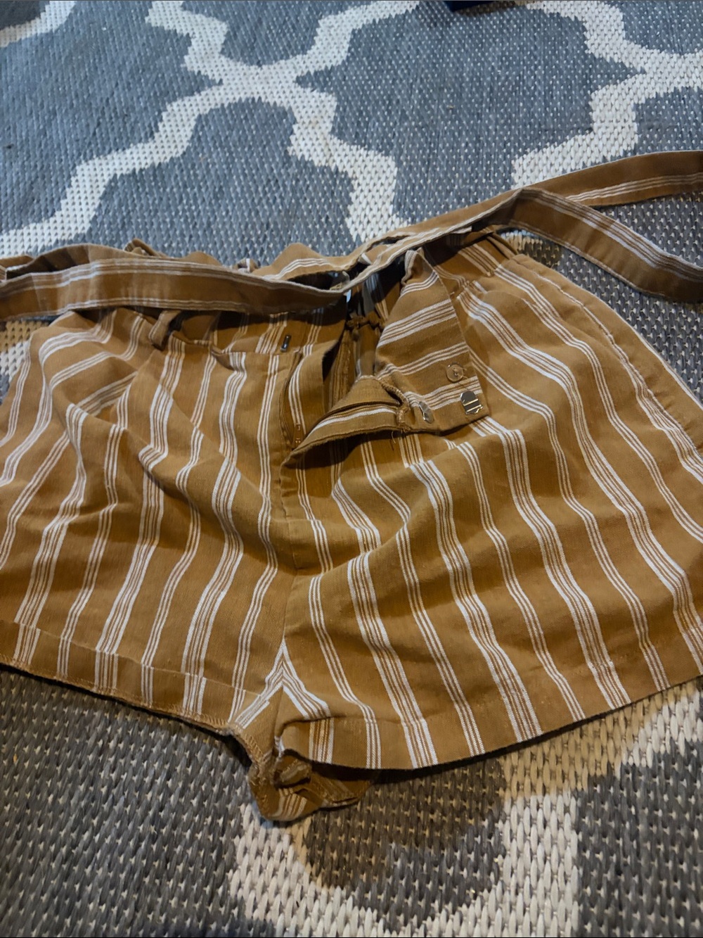 Forever 21 Brown and White Striped High-Waist Tie-Belt Shorts